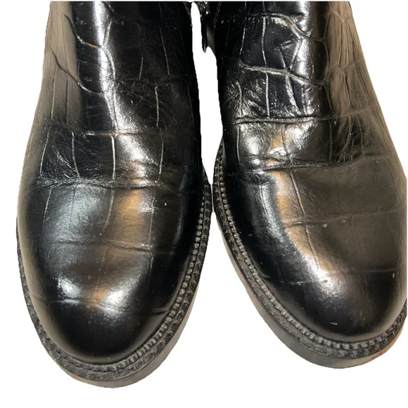 Donald Pliner Black Savvy Croc Embossed Leather Bootie Sz 8.5 2 Inch Block Herl - Picture 2 of 7